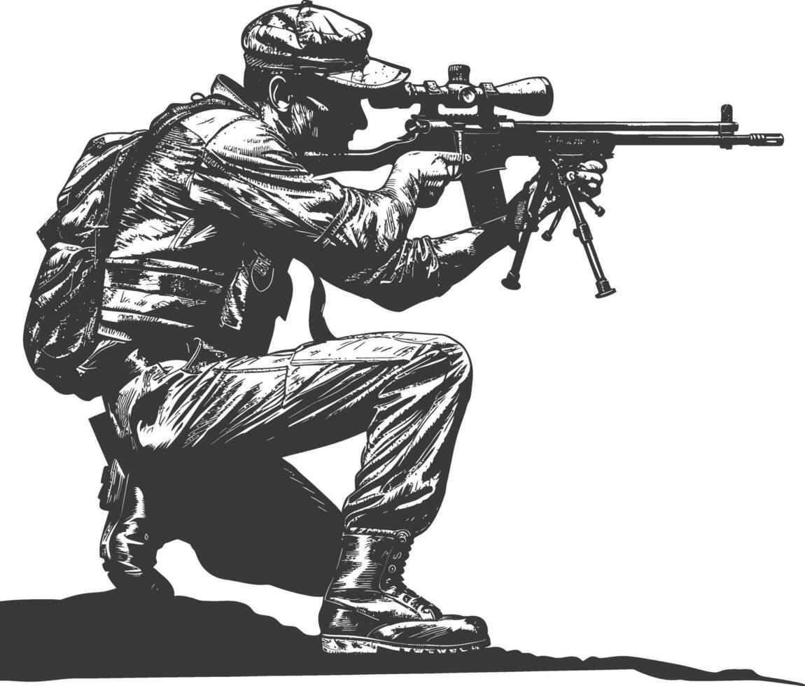 sniper army soldier in action full body image using Old engraving style vector