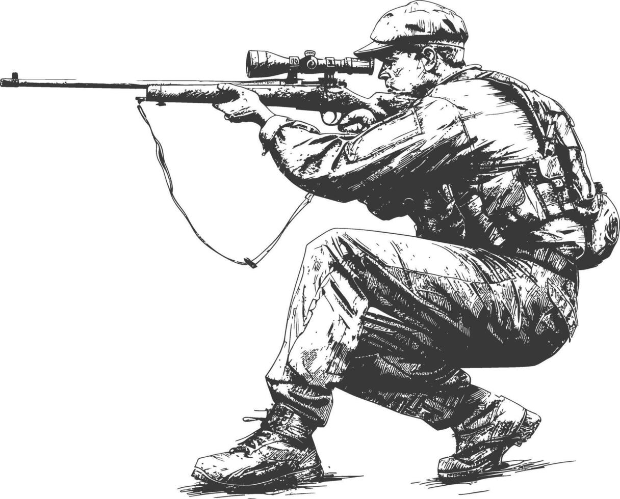 sniper army soldier in action full body image using Old engraving style vector