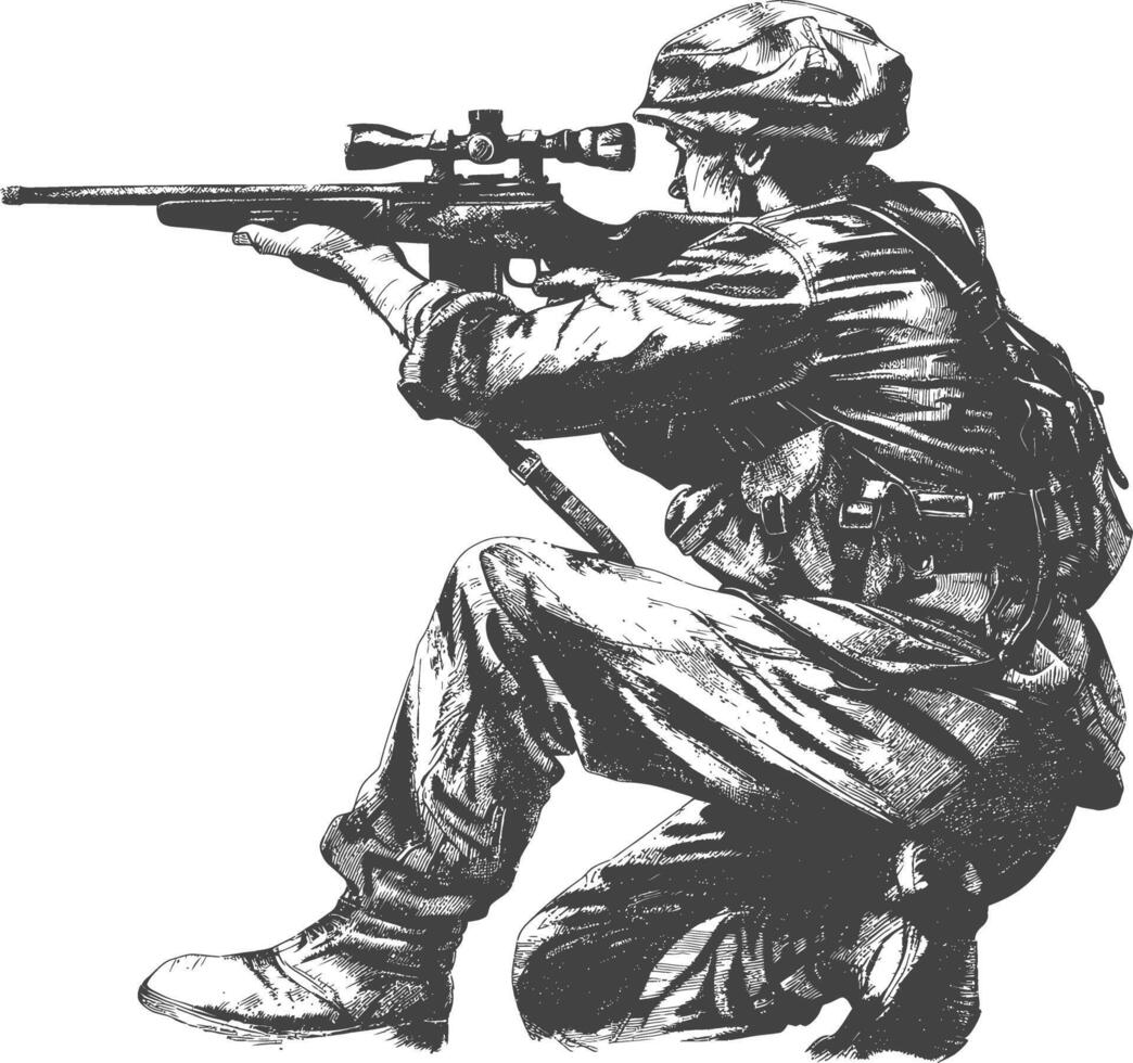 sniper army soldier in action full body image using Old engraving style vector