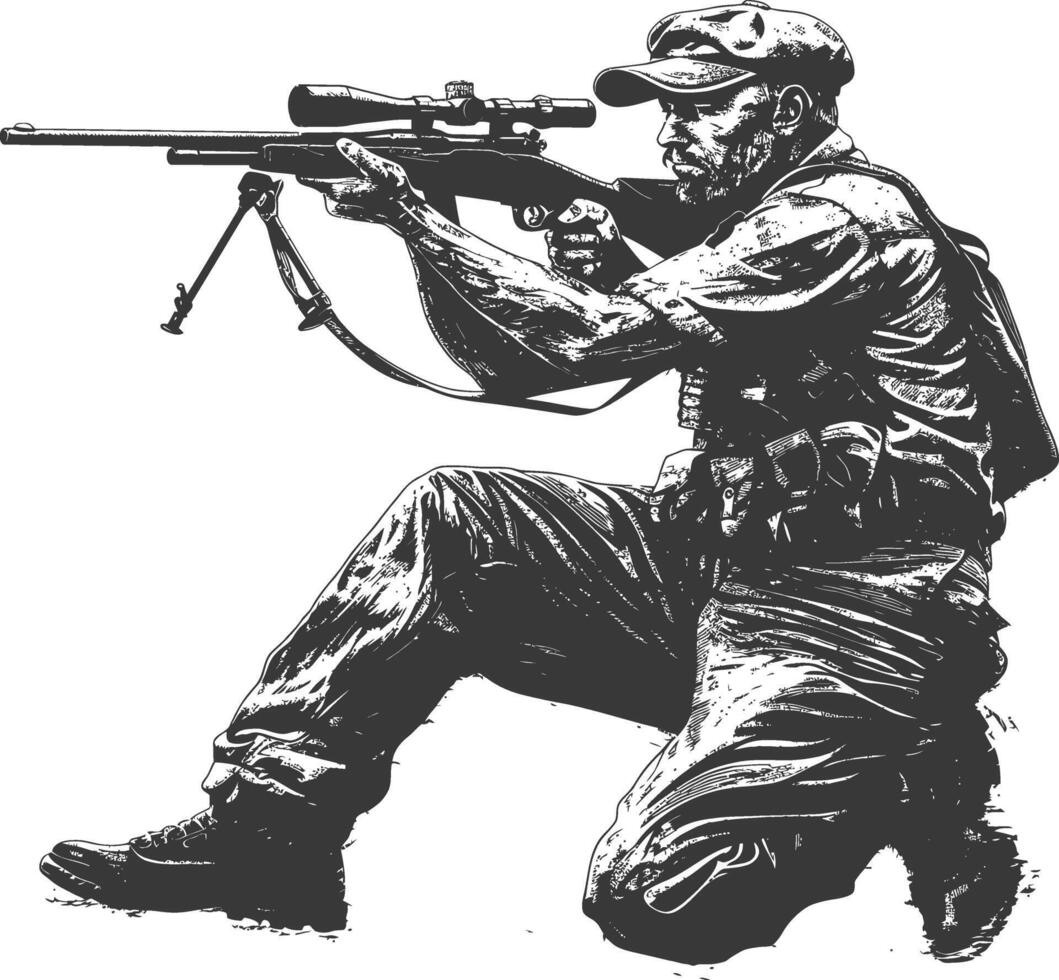 sniper army soldier in action full body image using Old engraving style vector