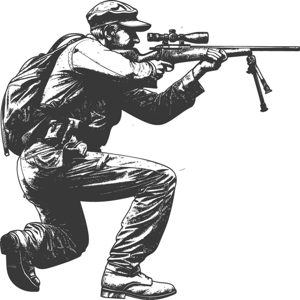 sniper army soldier in action full body image using Old engraving style vector