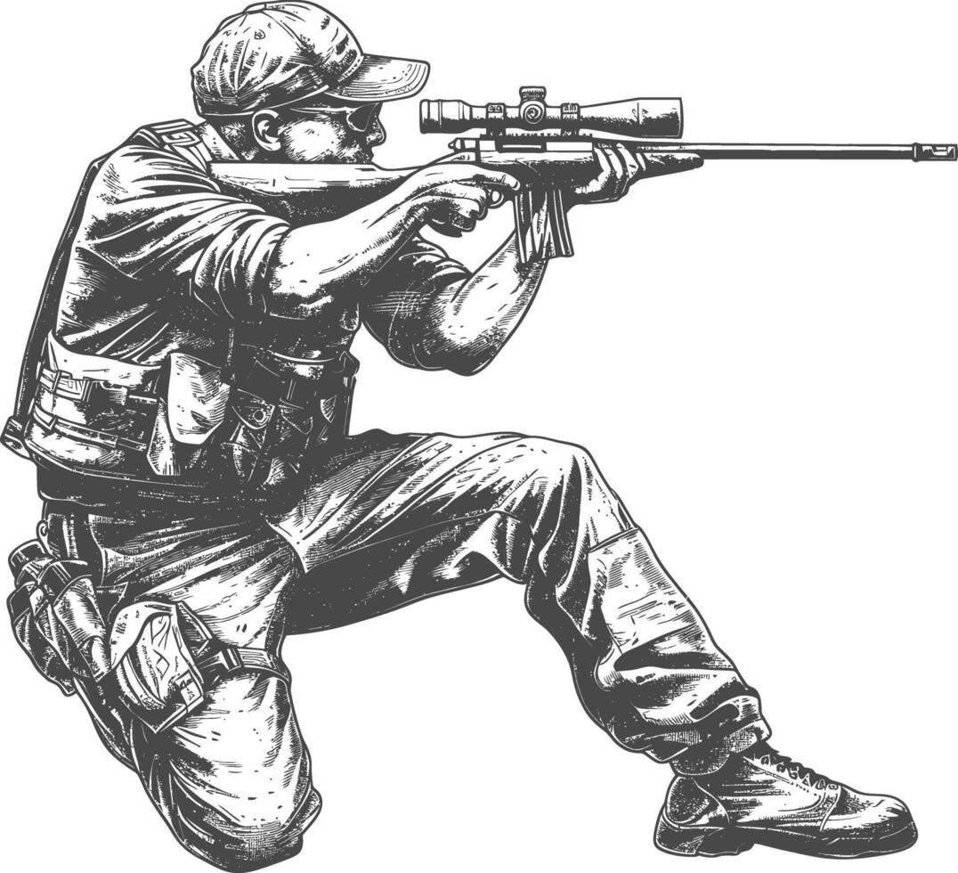 sniper army soldier in action full body image using Old engraving style vector