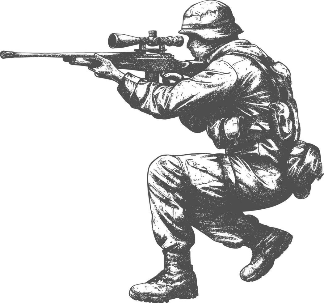 francotirador Ejército soldado en acción lleno cuerpo imagen utilizando antiguo grabado estilo vector