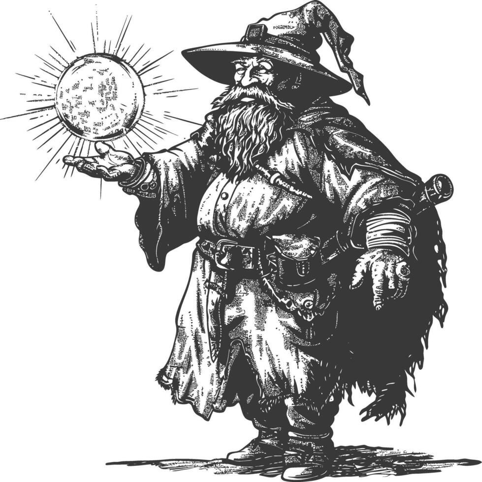 dwarf mage with magical orb full body images using Old engraving style body black color only vector