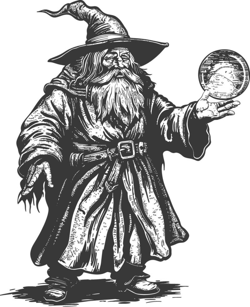 dwarf mage with magical orb full body images using Old engraving style body black color only vector