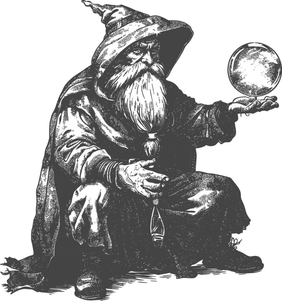 dwarf mage with magical orb full body images using Old engraving style body black color only vector