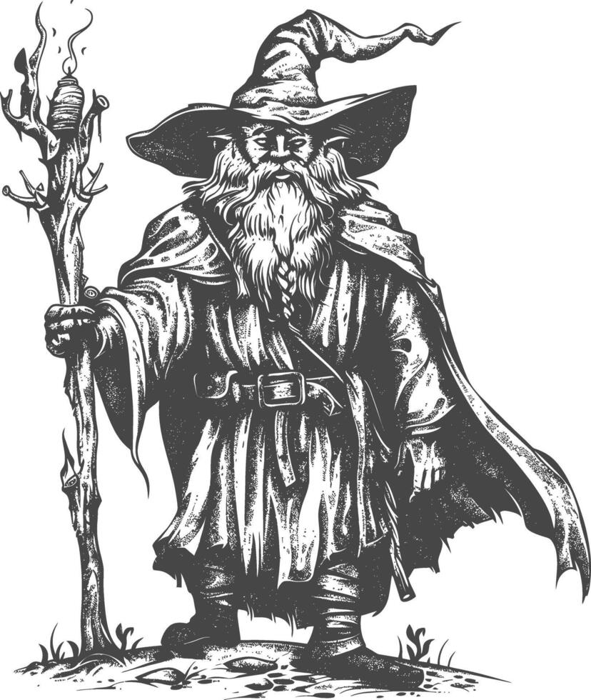 dwarf mage with magical staff full body images using Old engraving style body black color only vector