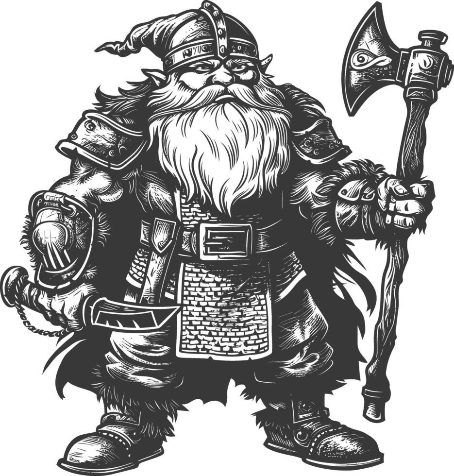 dwarf warrior full body images using Old engraving style body black color only vector