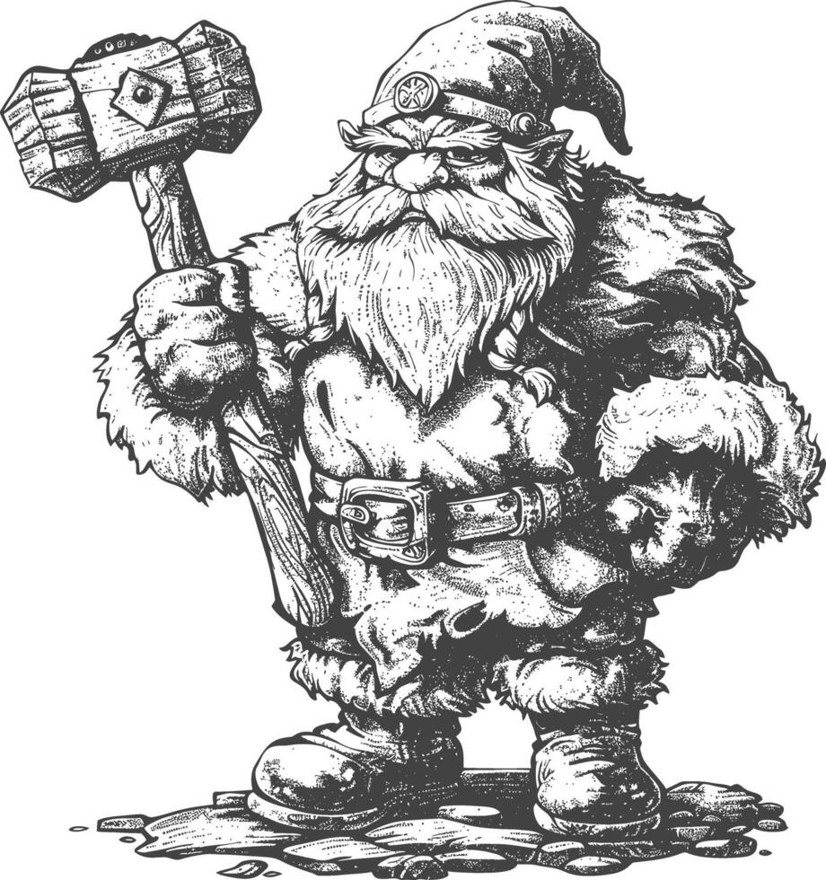 dwarf warrior with hammer full body images using Old engraving style body black color only vector