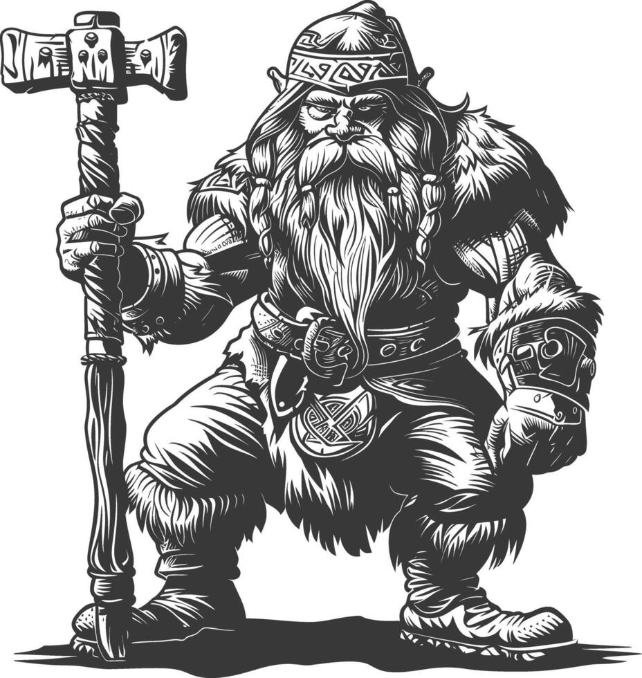 dwarf warrior with hammer full body images using Old engraving style body black color only vector