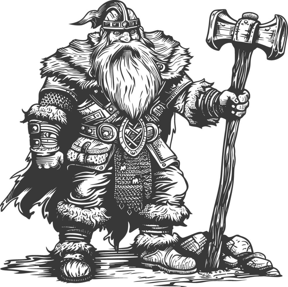 dwarf warrior with hammer full body images using Old engraving style body black color only vector