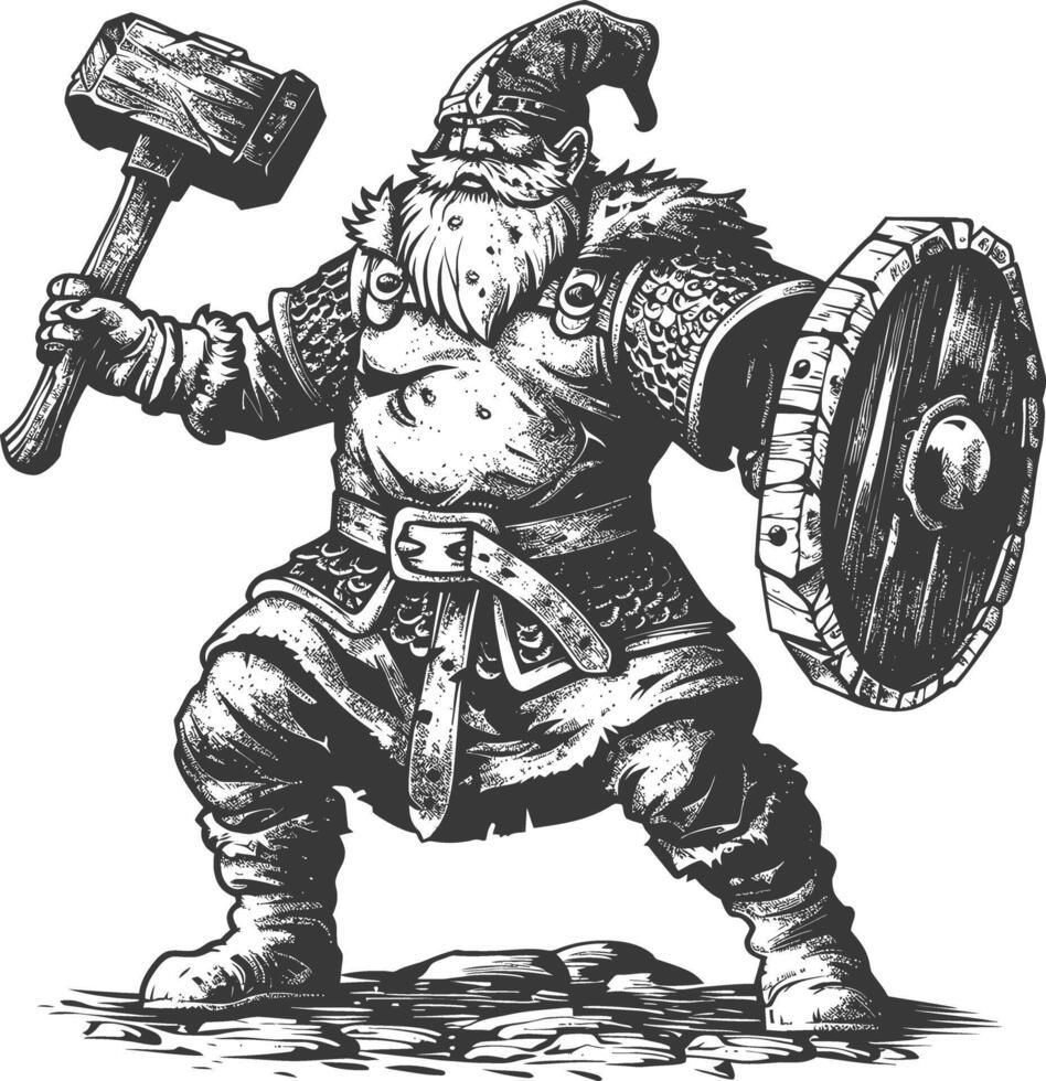 dwarf warrior with hammer full body images using Old engraving style body black color only vector