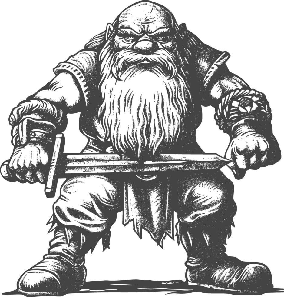 dwarf warrior with sword full body images using Old engraving style body black color only vector