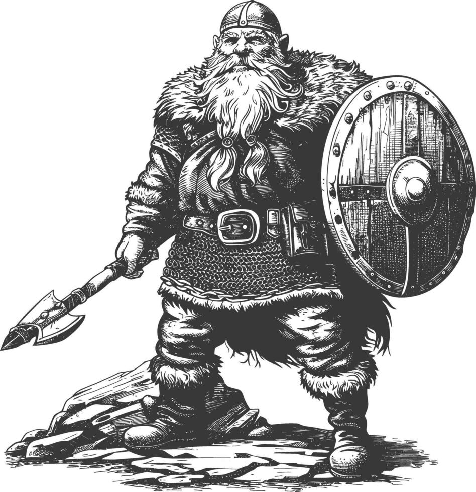 dwarf warrior full body images using Old engraving style body black color only vector