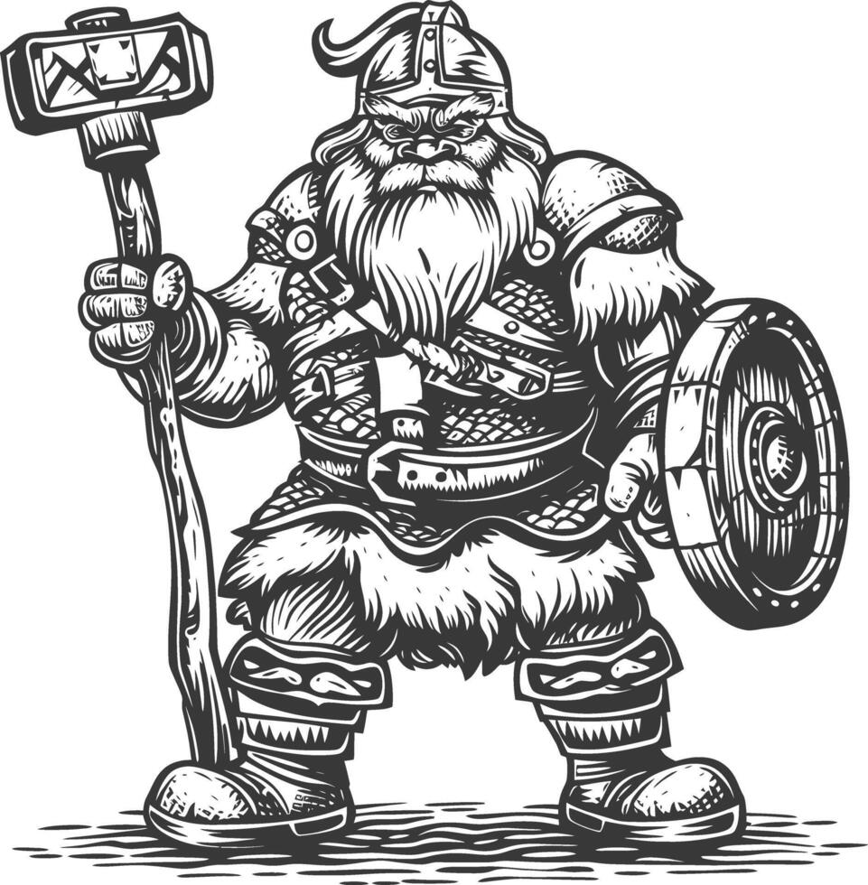 dwarf warrior with hammer full body images using Old engraving style body black color only vector