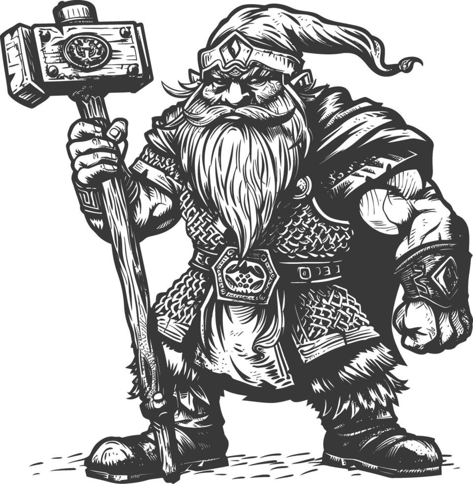 dwarf warrior with hammer full body images using Old engraving style body black color only vector