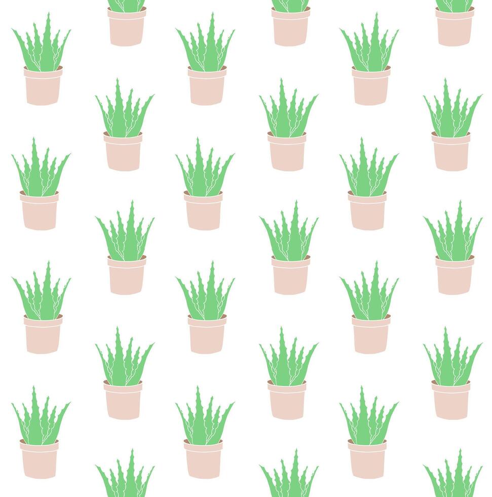 seamless pattern of doodle potted aloe vera vector