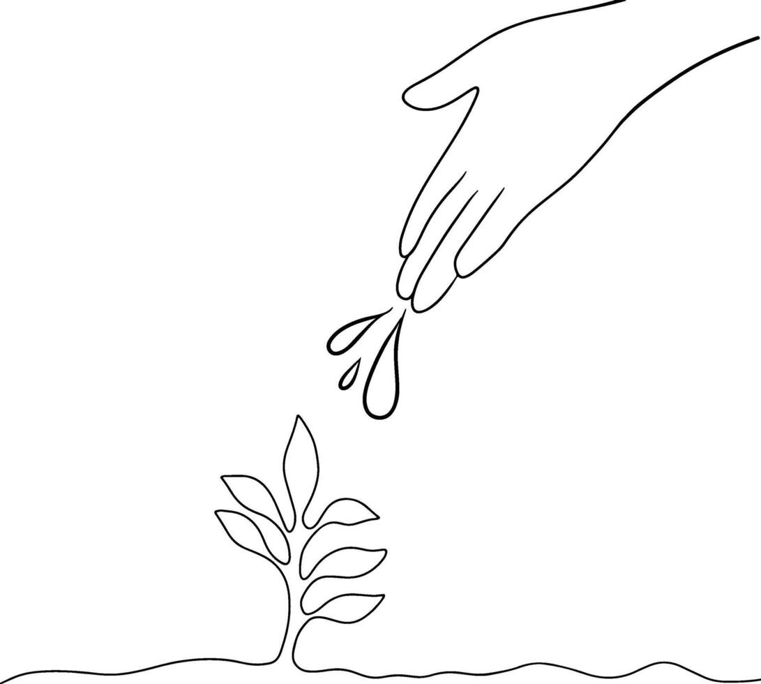 línea dibujo. mano riego planta a suelo. tierra día salvar ambiente concepto. ilustración vector