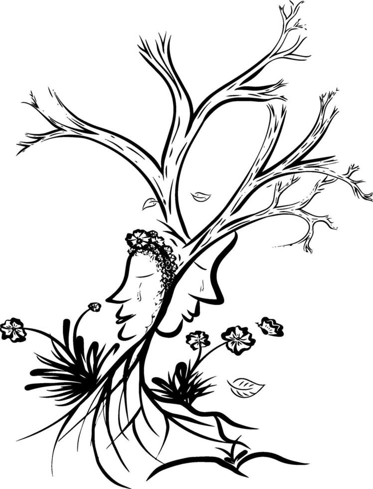 Hand drawing line of couple face in the form of a tree design graphic illustration vector