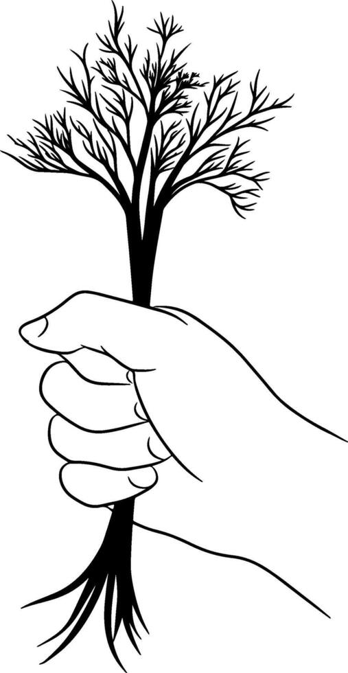 Line drawing. Hand holding tree. illustration vector