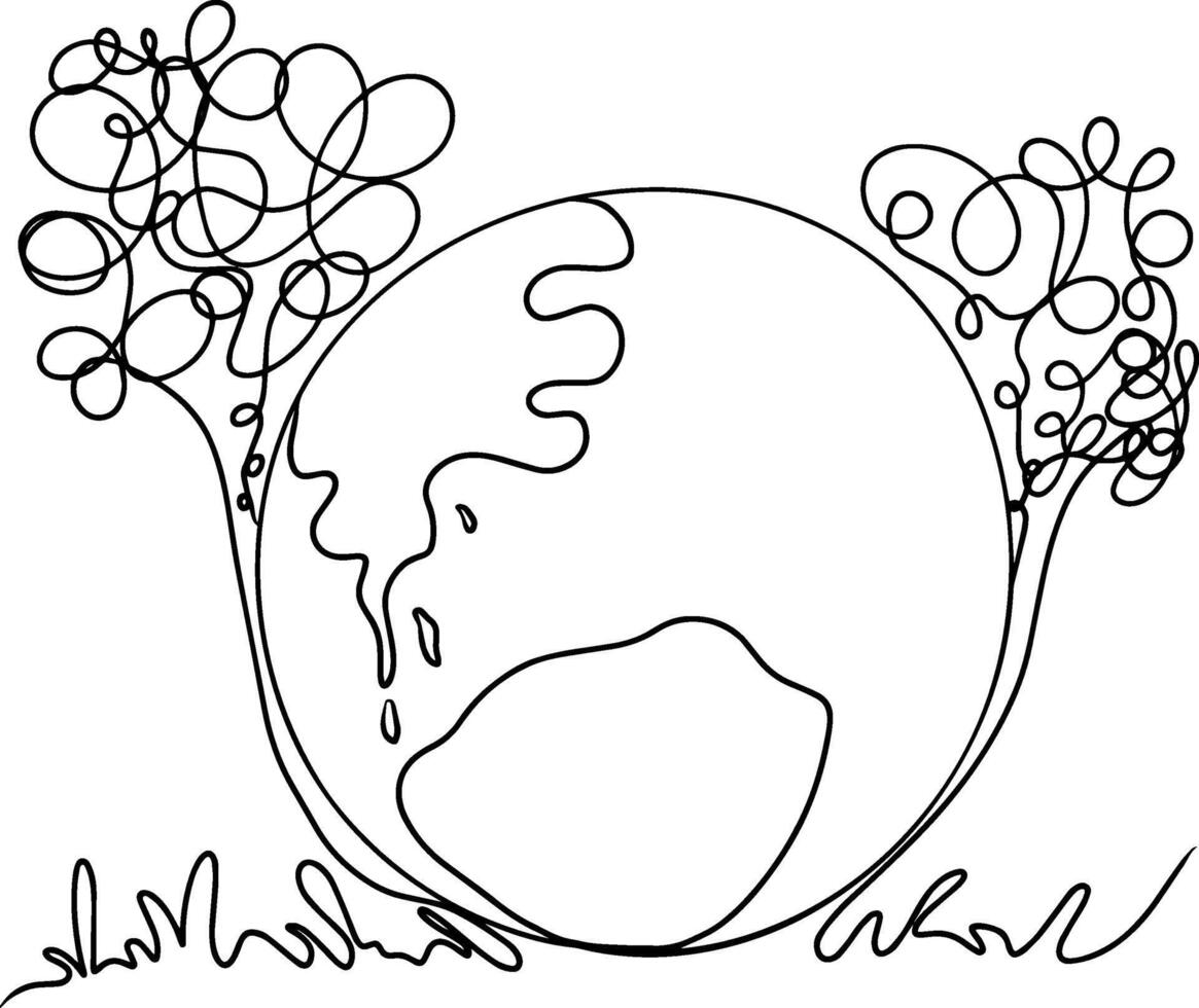 One continuous line art drawing of earth with tree. Doodle illustration vector