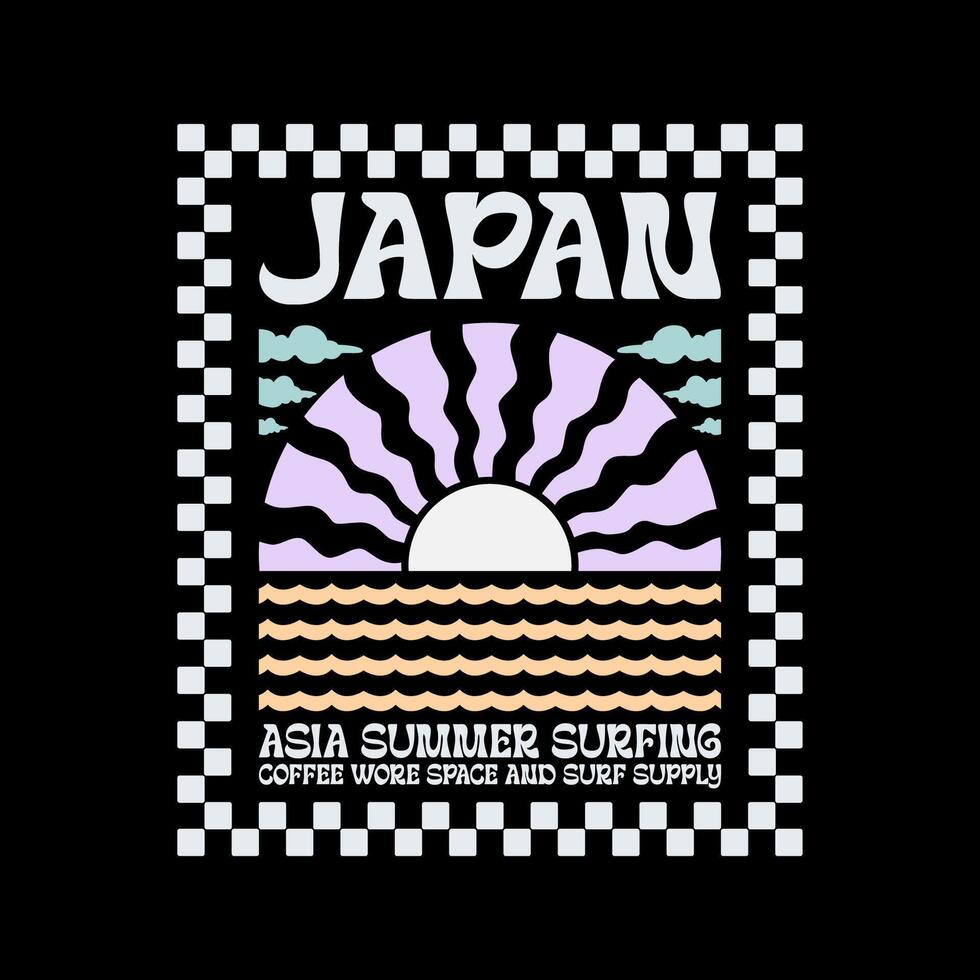 Exploring Surfing with a Japanese Twist Groovy Asia T-Shirt Design vector