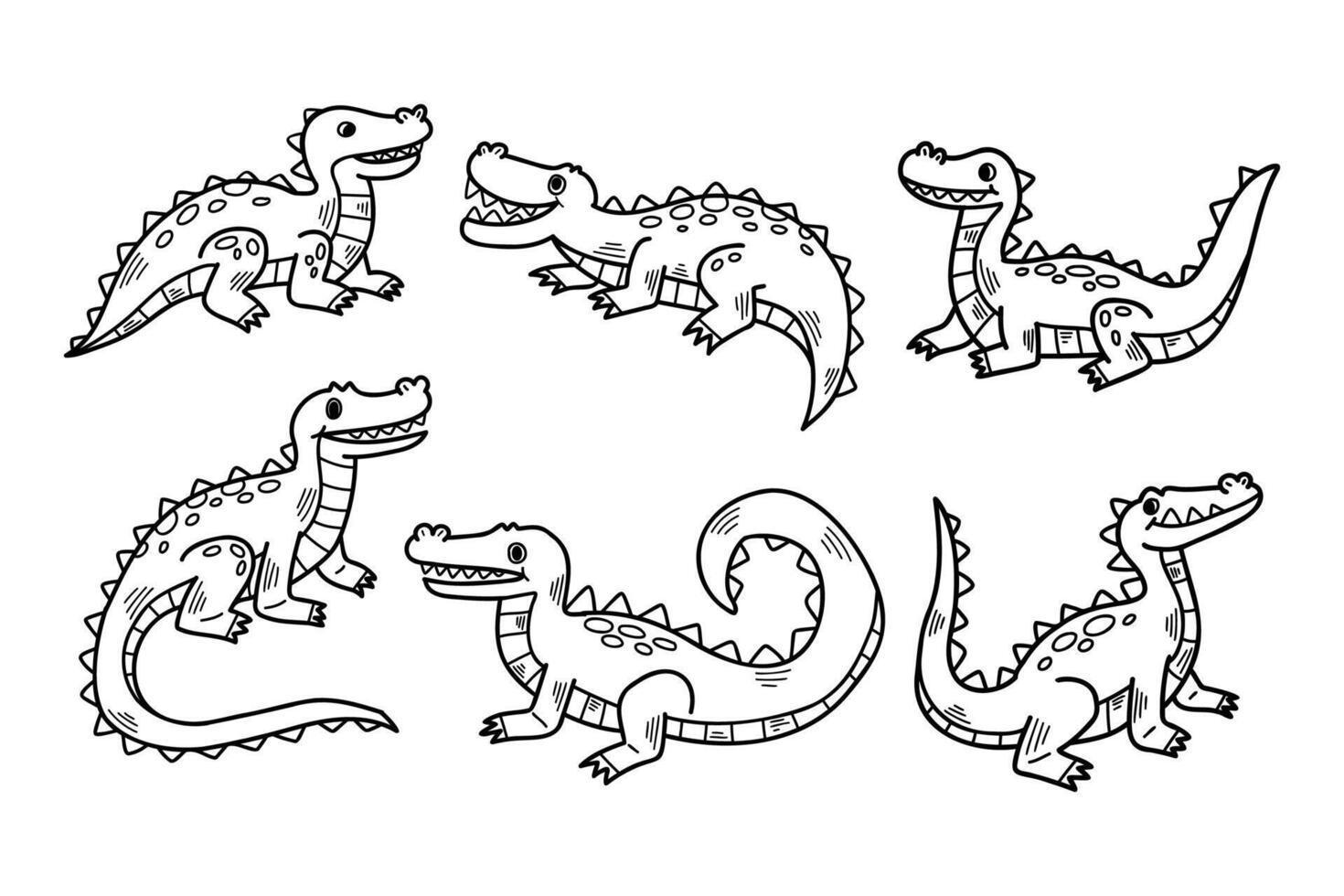 un conjunto de seis dibujos animados cocodrilos son sentado en varios poses vector