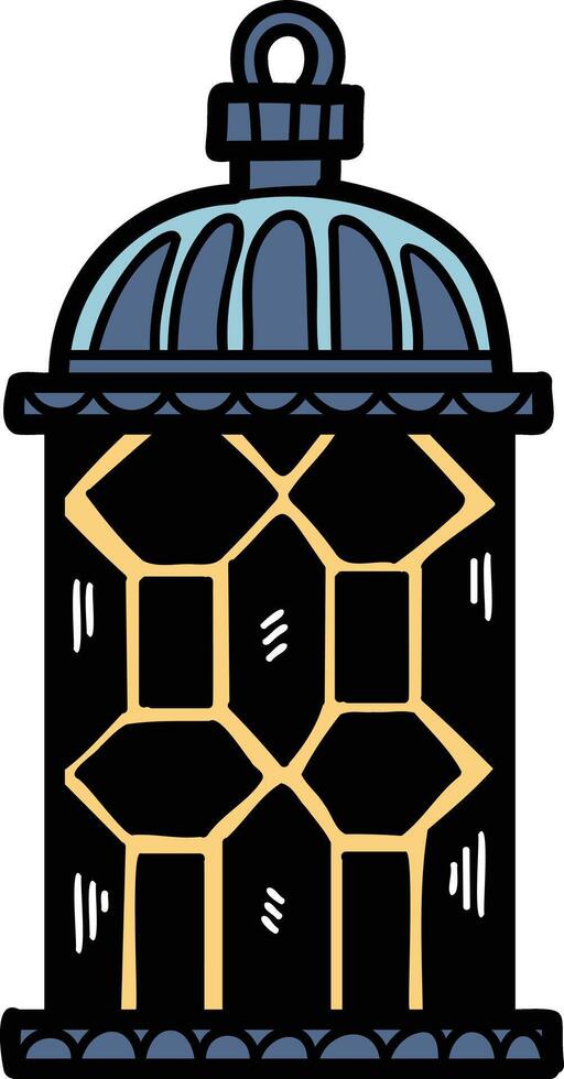 A black and white drawing of a lantern with a flame inside vector