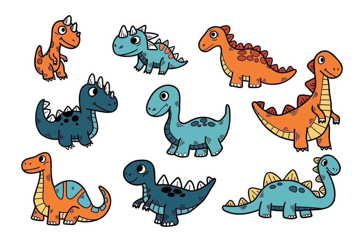 A collection of cartoon dinosaurs with different colors and sizes vector