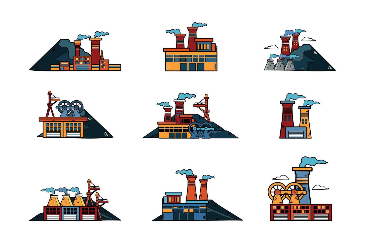 A set of industrial buildings with smoke coming out of them vector