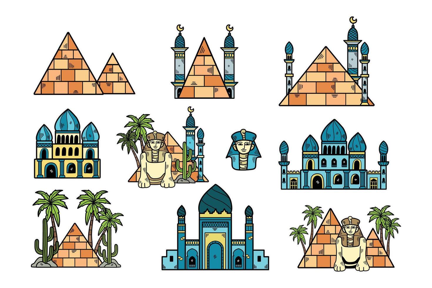 A collection of images of buildings and monuments from Egypt and the Middle East vector