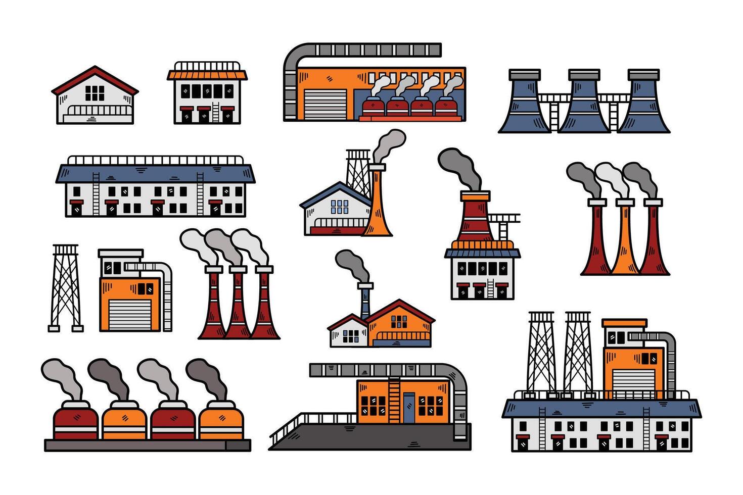 un conjunto de industrial edificios con fumar viniendo fuera de ellos vector