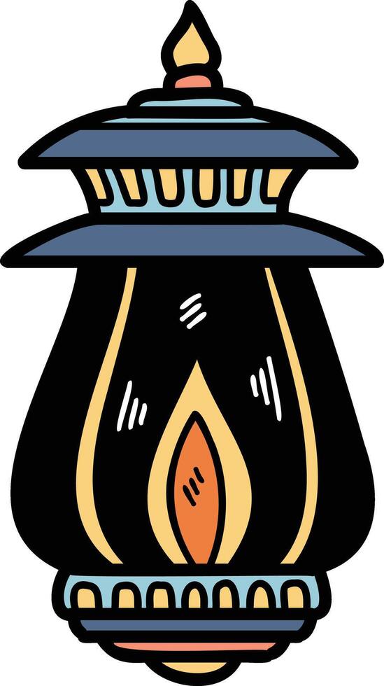 A black and white drawing of a lantern with a flame inside vector