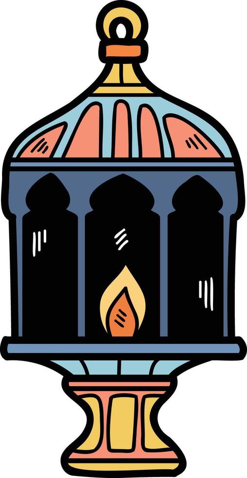 A black and white drawing of a lantern with a flame inside vector