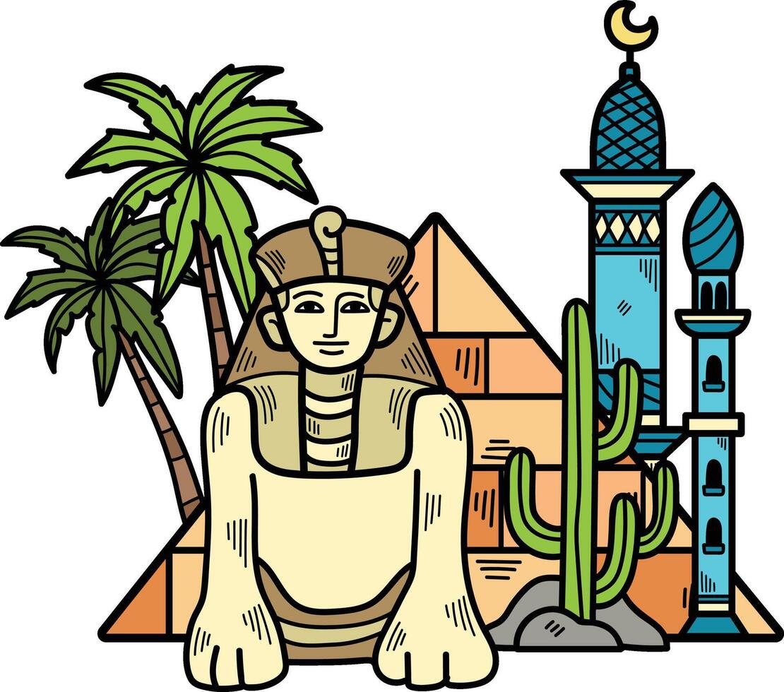 A statue of a woman is sitting in front of the pyramids of Egypt vector