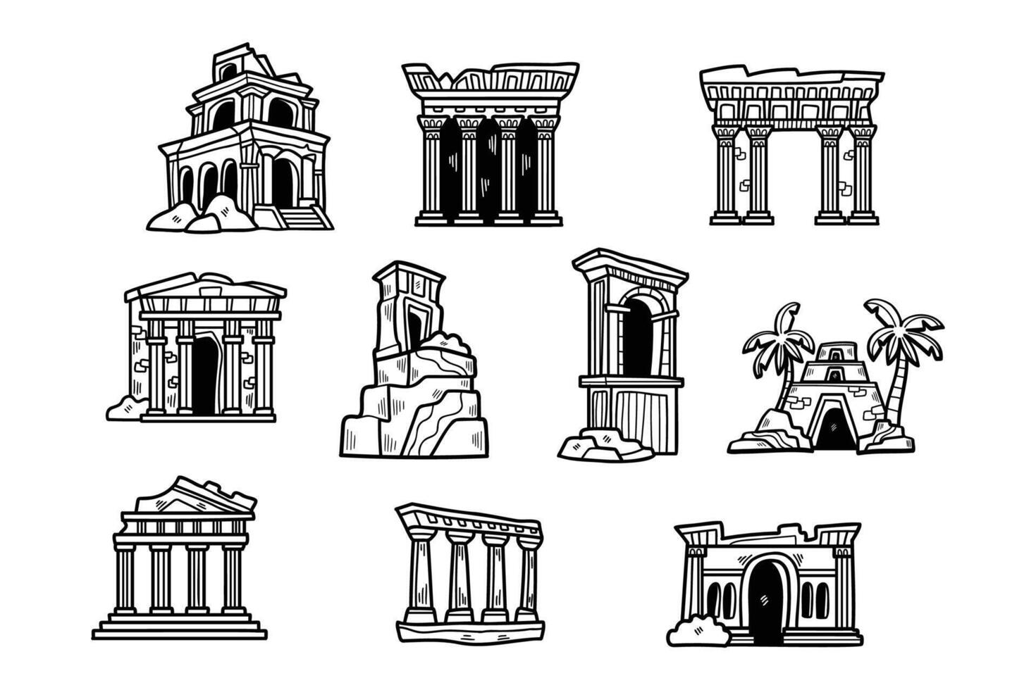 A set of ten buildings with a variety of styles, including a temple, a palace vector