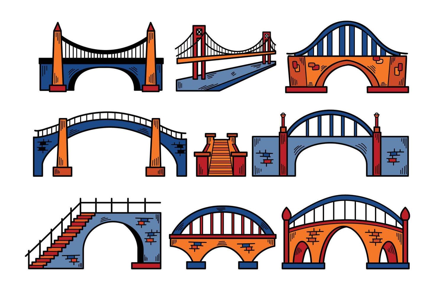 A set of nine different colored bridges, including a footbridge vector