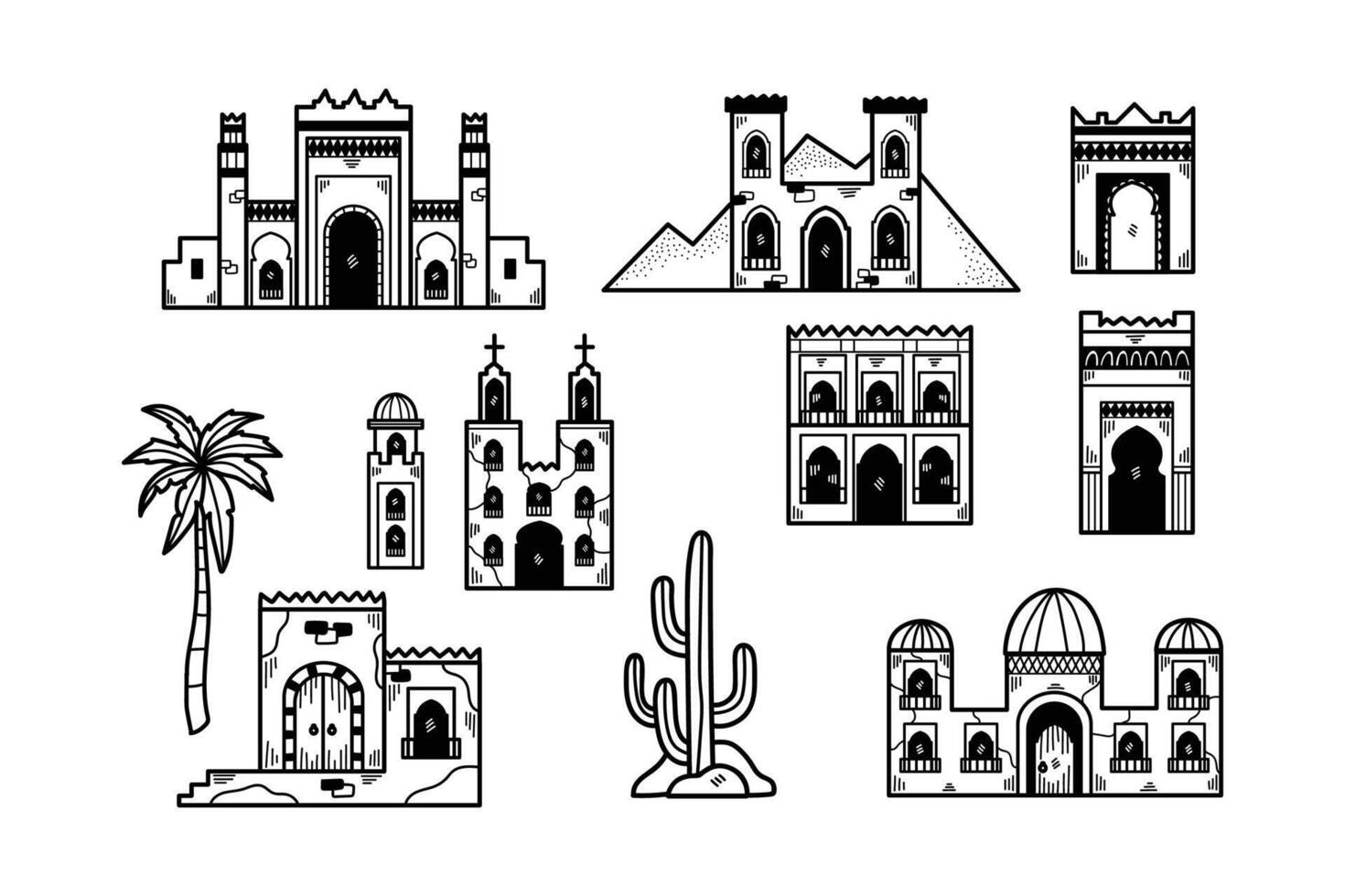 un colección de edificios con un Desierto en el antecedentes vector