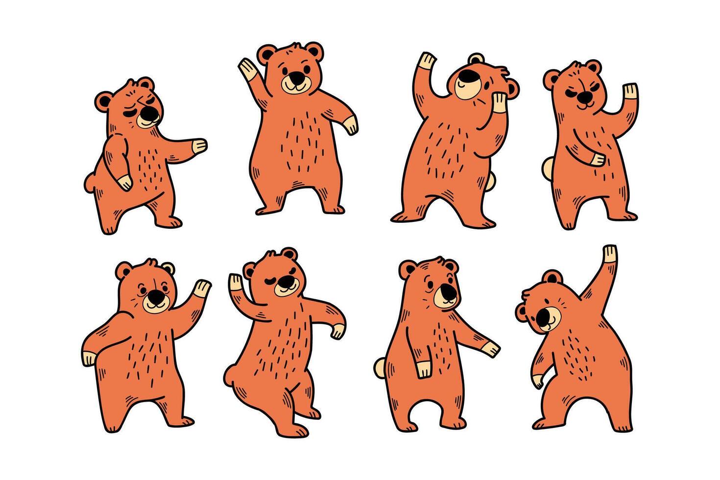 A series of cartoon bears are dancing and playing vector