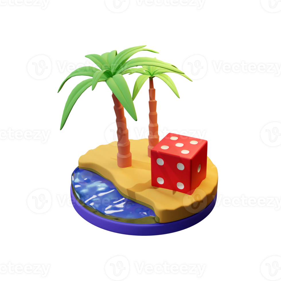 3d desert island with red casino dice on top png