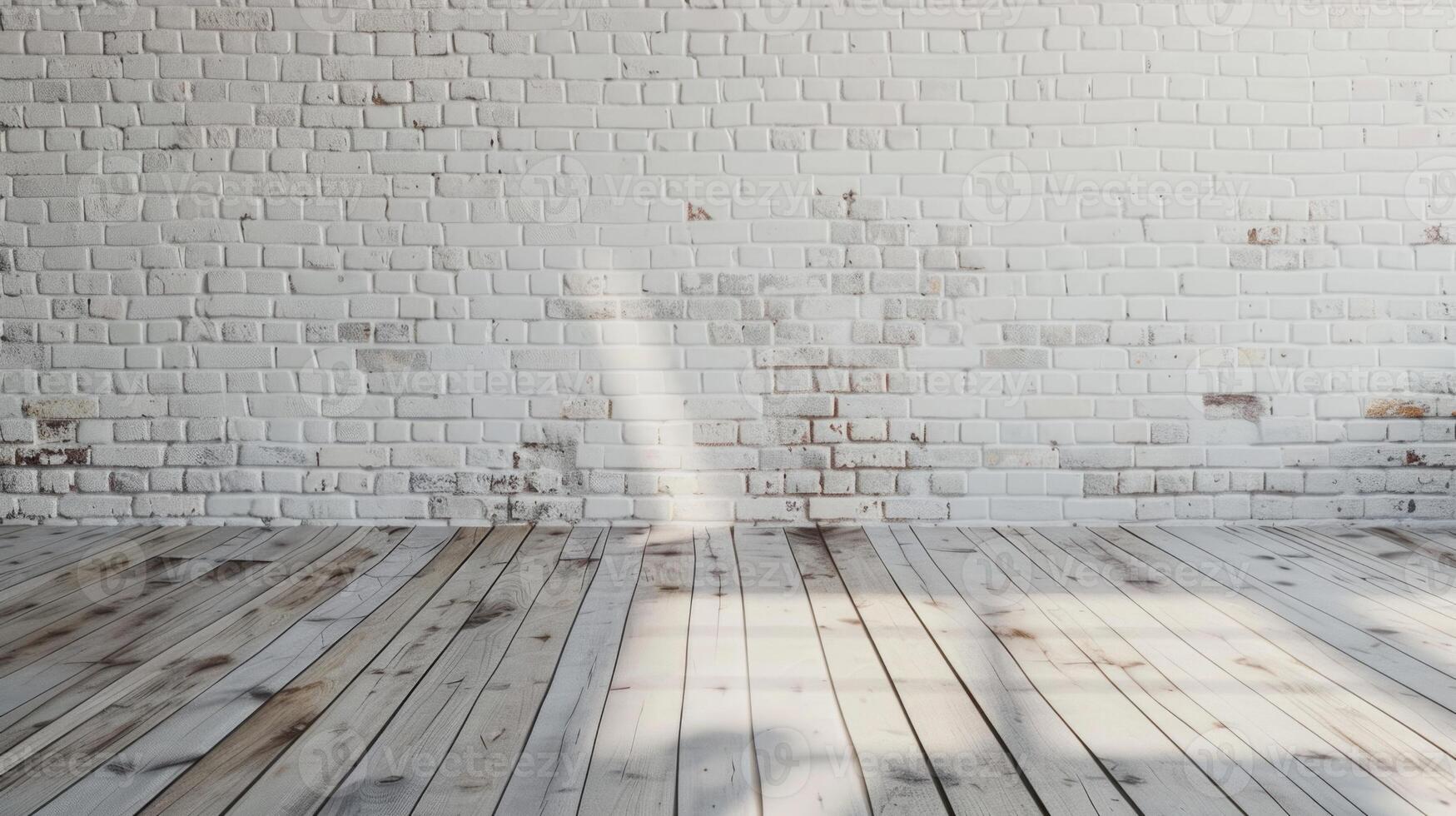 room interior vintage with white brick wall and wood floor background photo