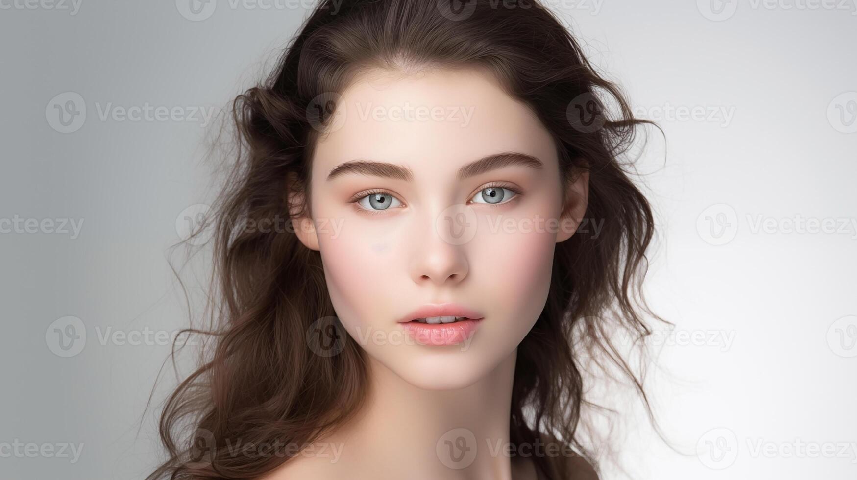 Beautiful teen girl with blue eyes, black curly hair, naive facial expression close-up. Natural beauty with glowing healthy skin. Advertising of cosmetics, perfumes photo