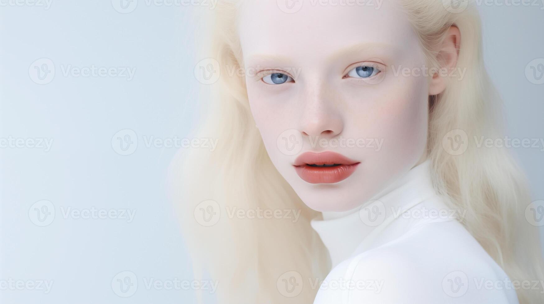 Portrait of beautiful albino teen girl with naive facial expression and plump red lips. Natural beauty with glowing healthy skin. Advertising of cosmetics, perfumes photo