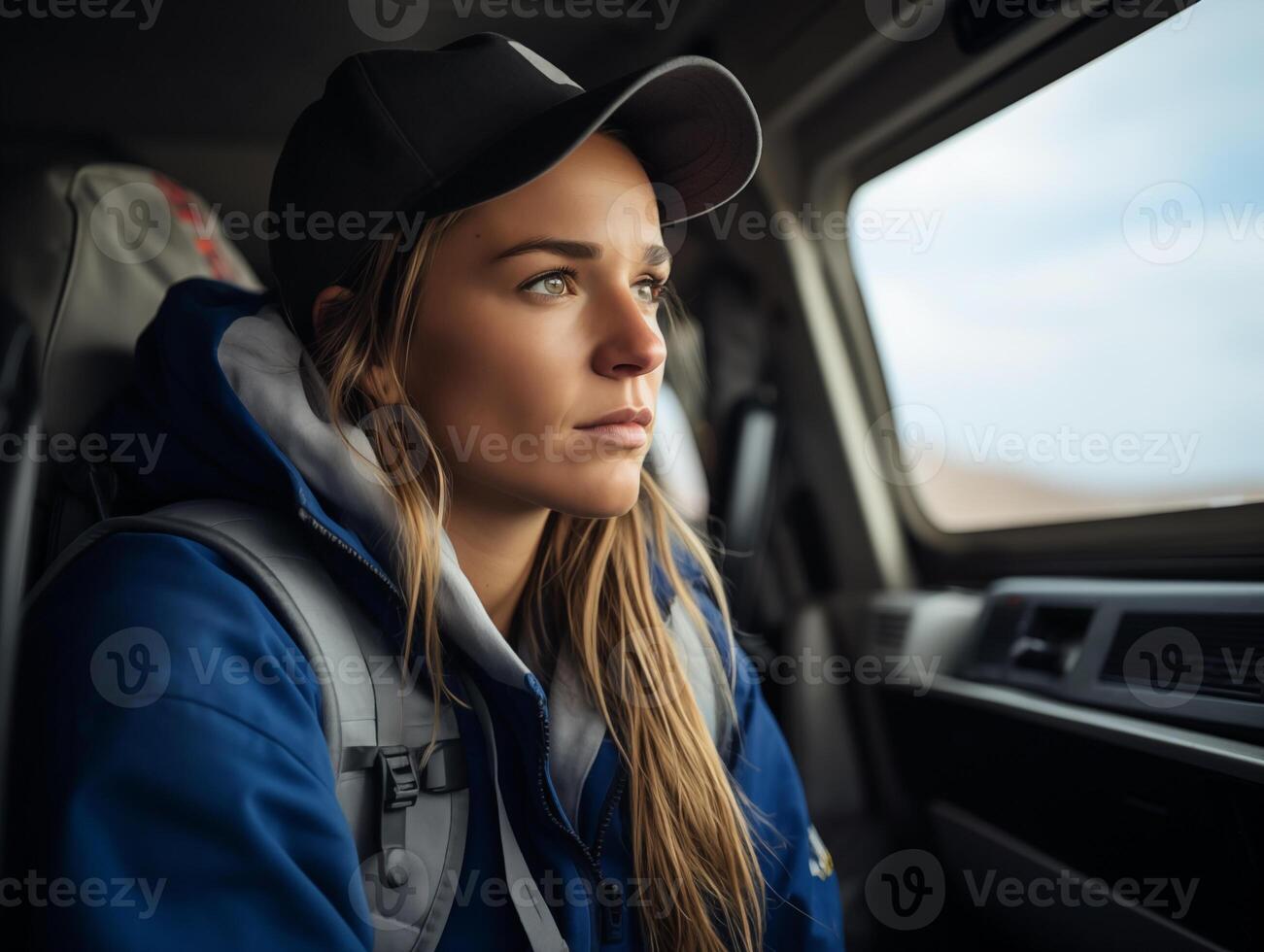 hembra camión conductor a trabajo de cerca. mujer carrera concepto foto