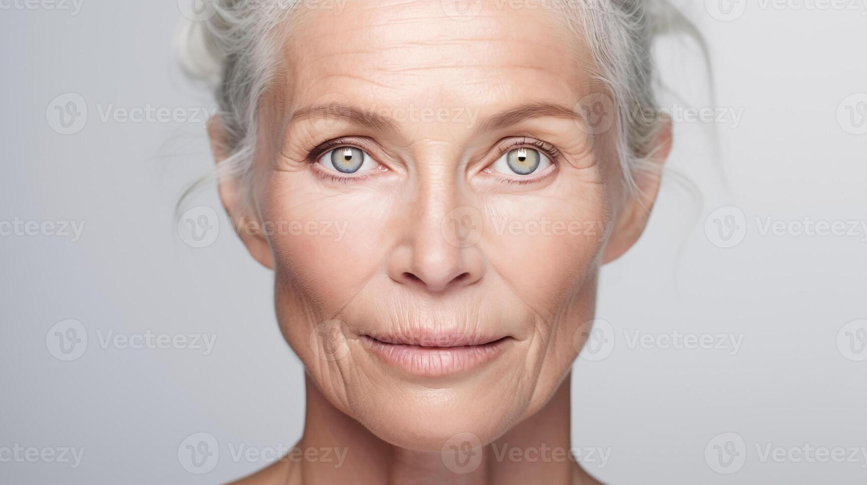 Portrait of senior woman with gray hair, blue eyes and skin details close-up. Advertising of cosmetics, perfumes photo