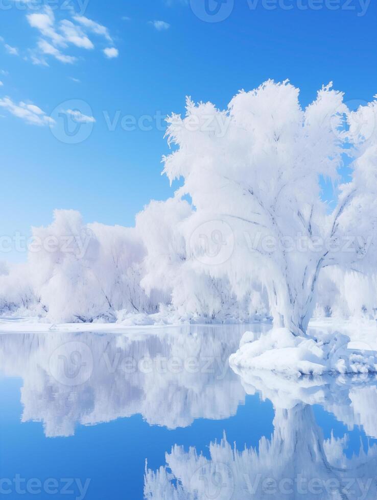 A snowy tree next to a lake. Winter landscape photo