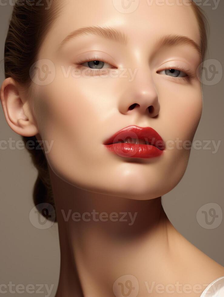 Beautiful young woman with blue eyes and red lipstick. Natural beauty close-up of a top model with glowing healthy skin photo