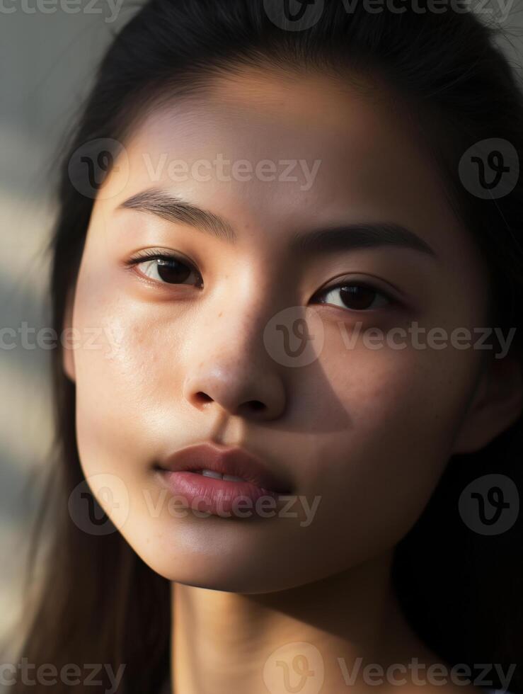 retrato de un joven asiático mujer con piel detalles de cerca. natural belleza de un linda modelo foto