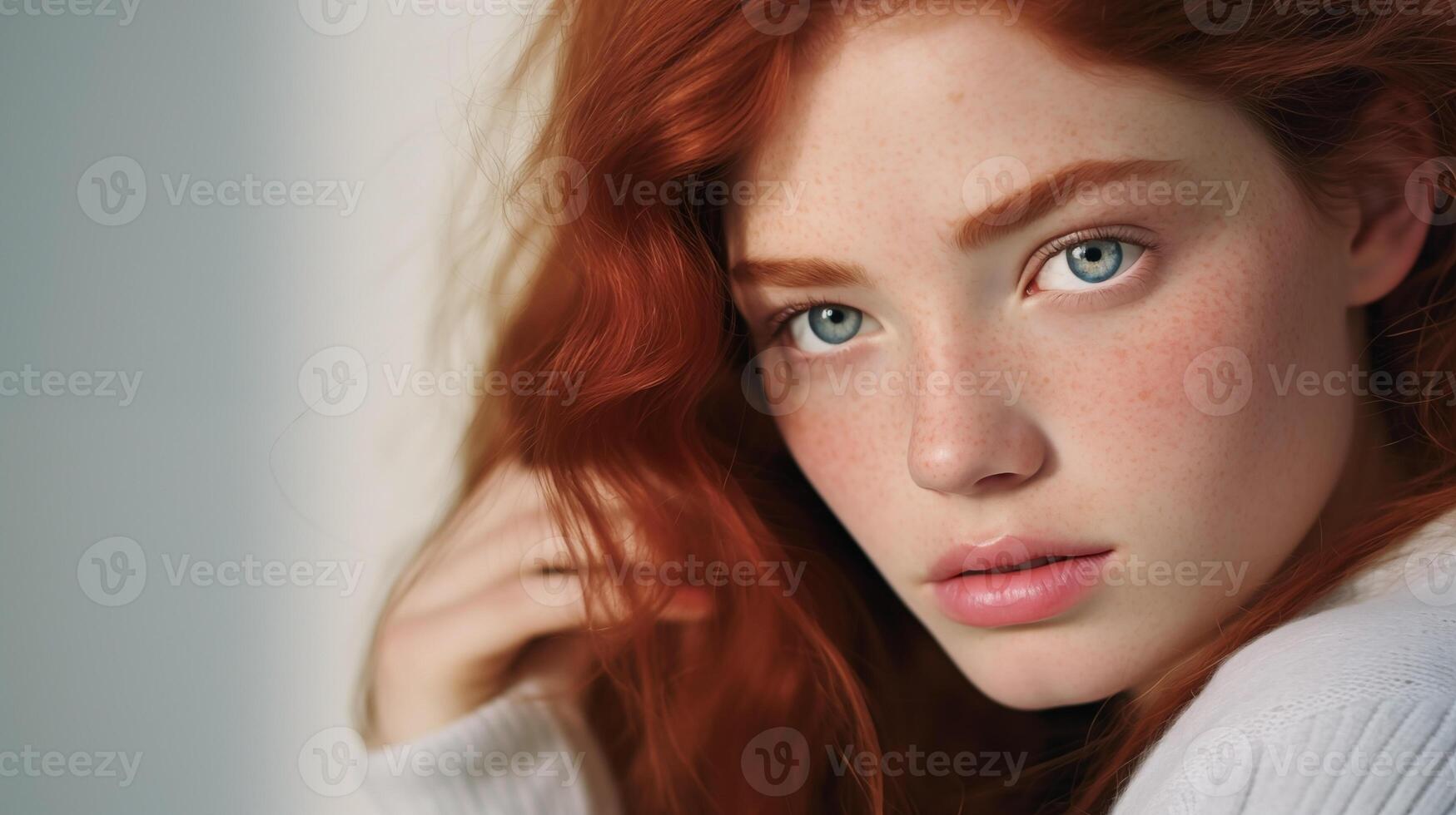 Portrait of beautiful teen girl with ginger hair, blue eyes, plump lips, naive facial expression. Natural beauty with freckles on the face. Advertising of cosmetics, perfumes photo