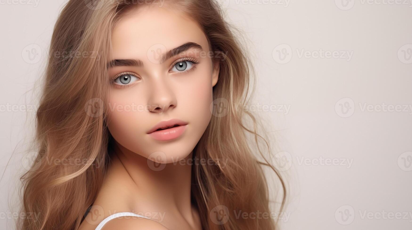 Portrait of beautiful teen girl with brown hair, blue eyes, naive facial expression. Natural beauty with glowing healthy skin. Advertising of cosmetics, perfumes photo